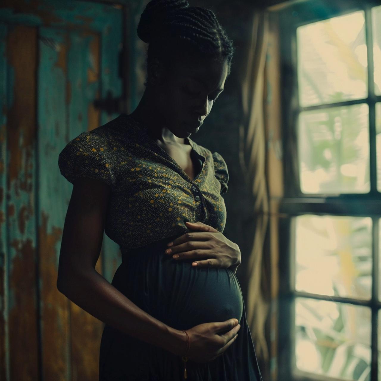 A pregnant woman standing by a window in a rural home, both hands resting on her belly.