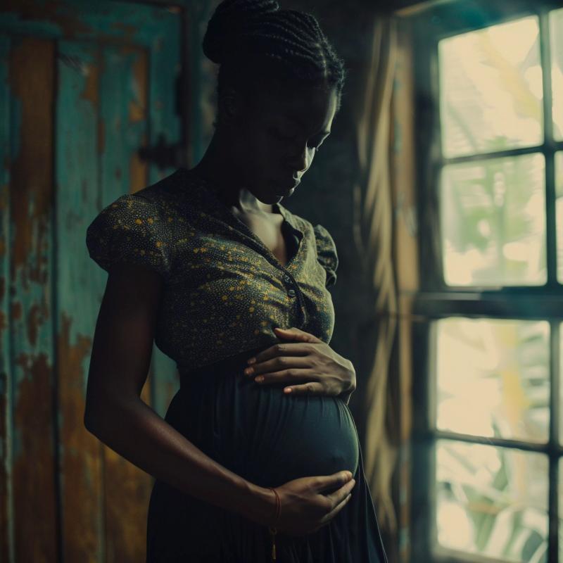 A pregnant woman standing by a window in a rural home, both hands resting on her belly.